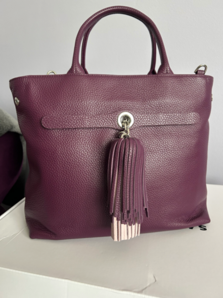 Aubergine Dahlia, Deco & Pom Pom Tassel - Silver Hardware