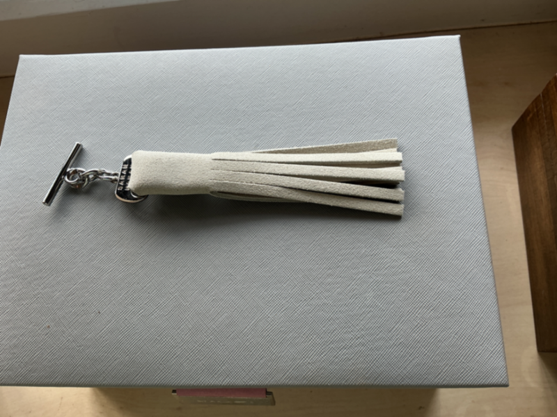 Interchangeable suede tassel with silver hardware.