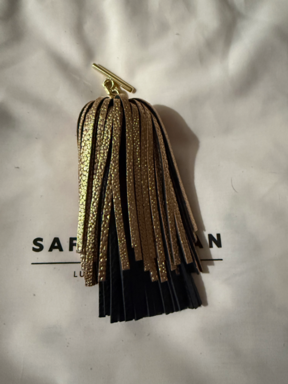 Double Pompom Tassel - Textured - Gold / Cream Patent Croc Shimmer Metallic Gold