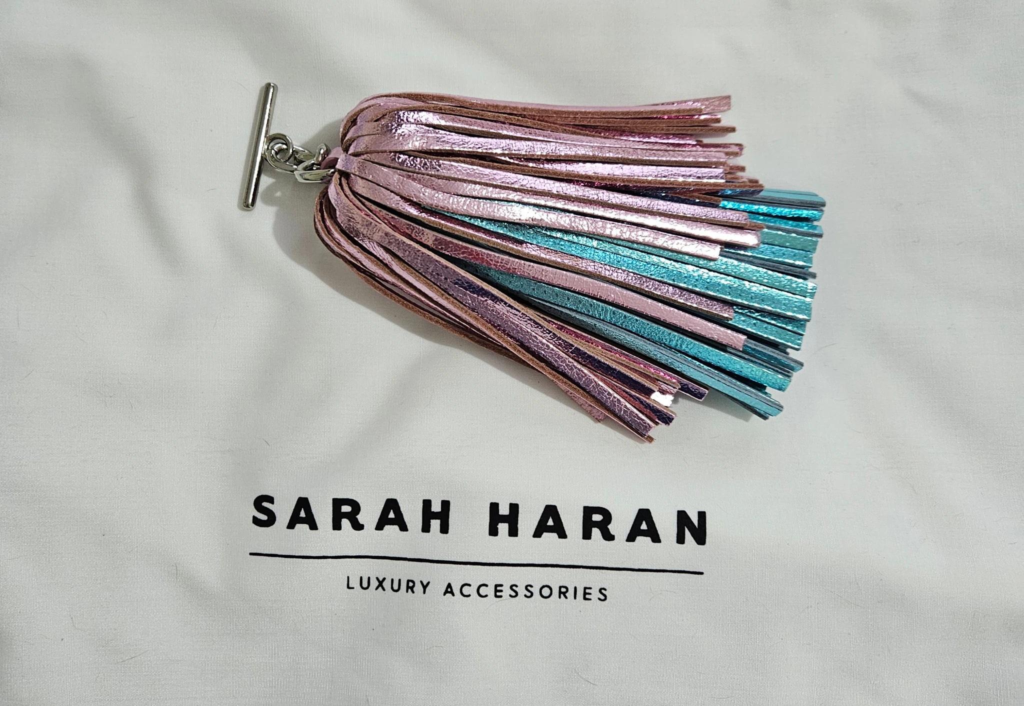 Metallic Turquoise & Pink Double Pompom with Silver Hardware 