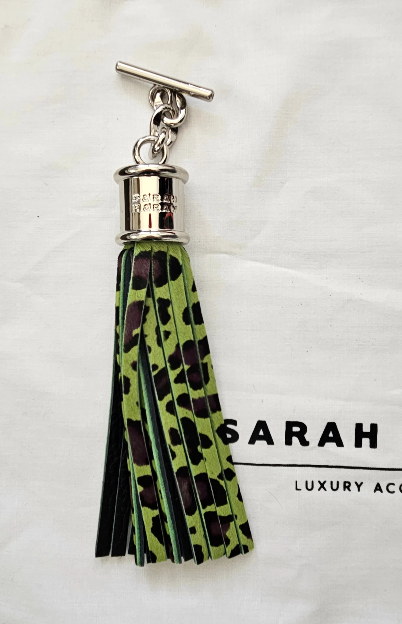 Lime Leopard Tassel with Silver Hardware 