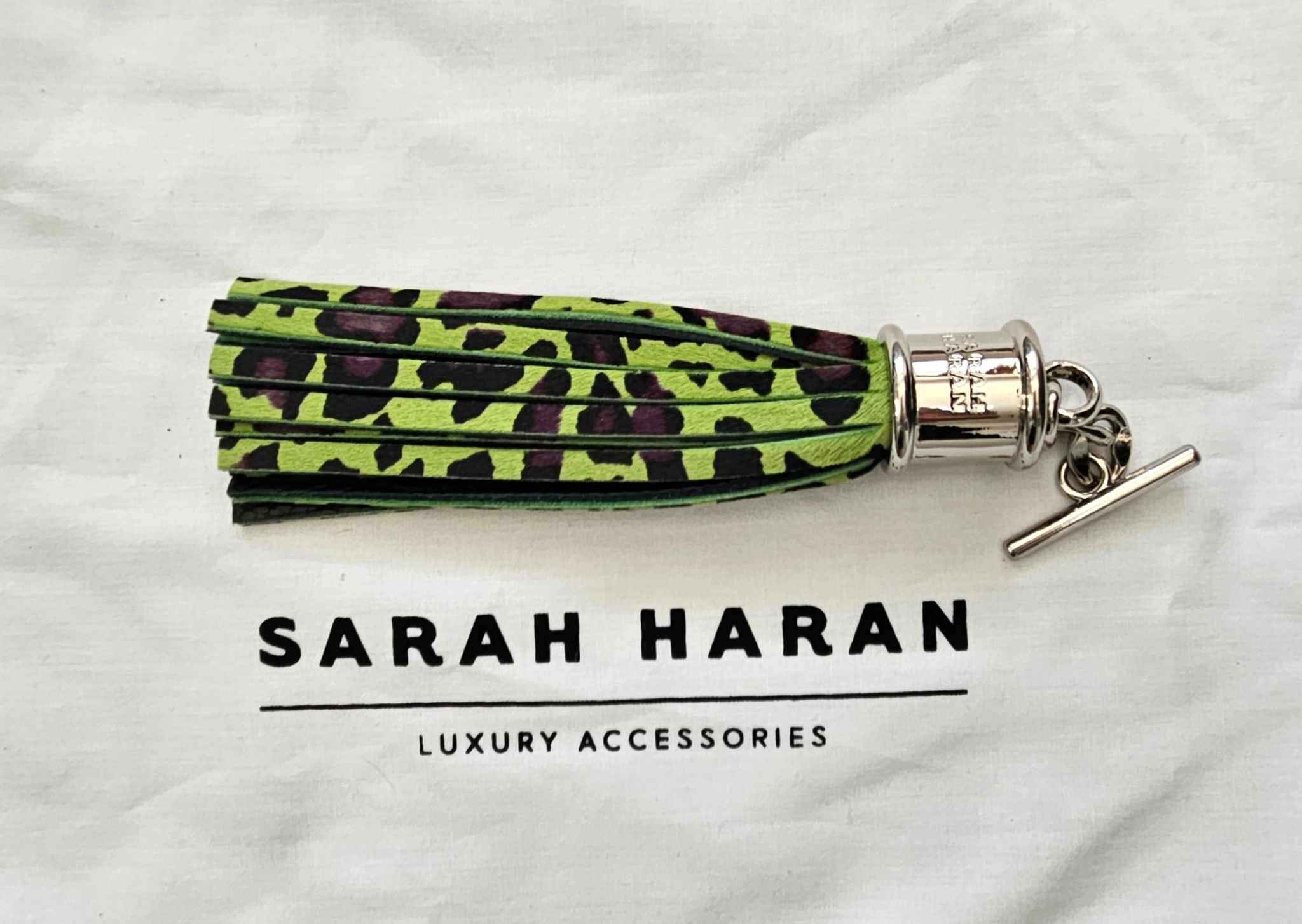 Lime Leopard Tassel with Silver Hardware 