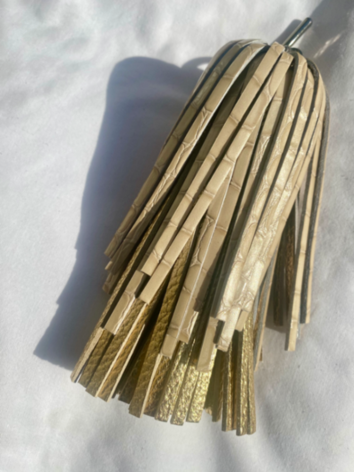 Gemini Pompom | Cream Patent Croc Shimmer Metallic Gold with Silver hardware