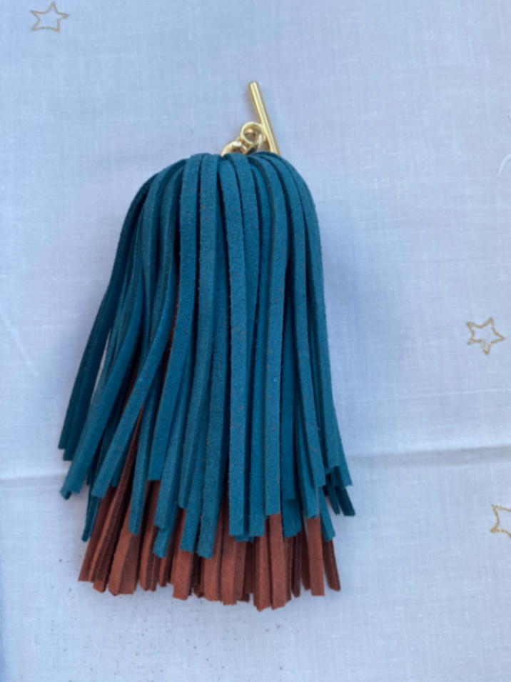 Suede Pompom Petrol/Rust with Gold Hardware