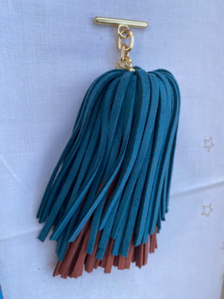 Suede Pompom Petrol/Rust with Gold Hardware