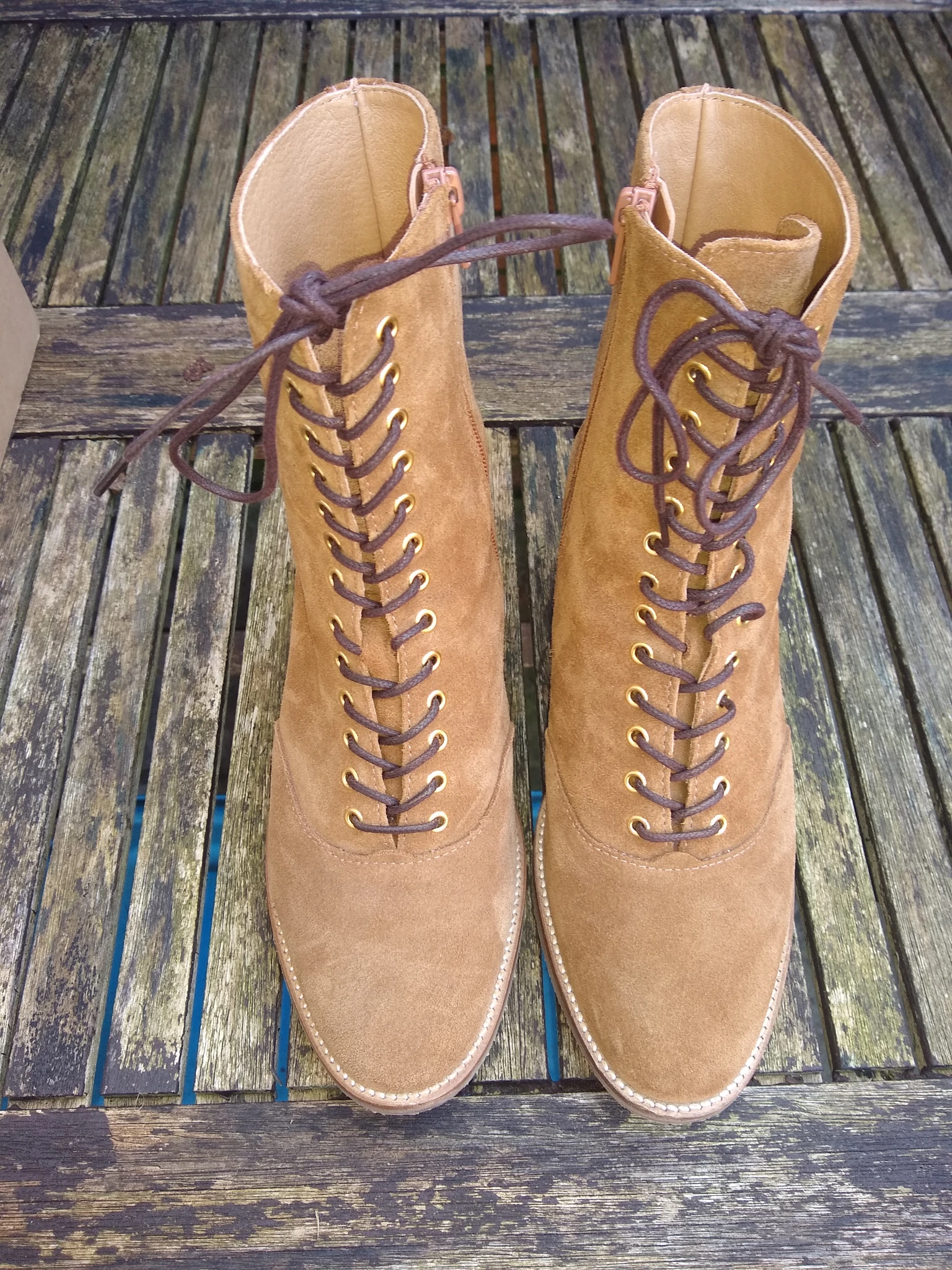Lorna, size 6, tan suede, almond toe, block heel ankle boot