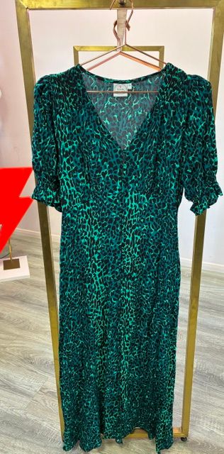 Green with Black Wild Leopard Flute Sleeve Midi Tea Dress