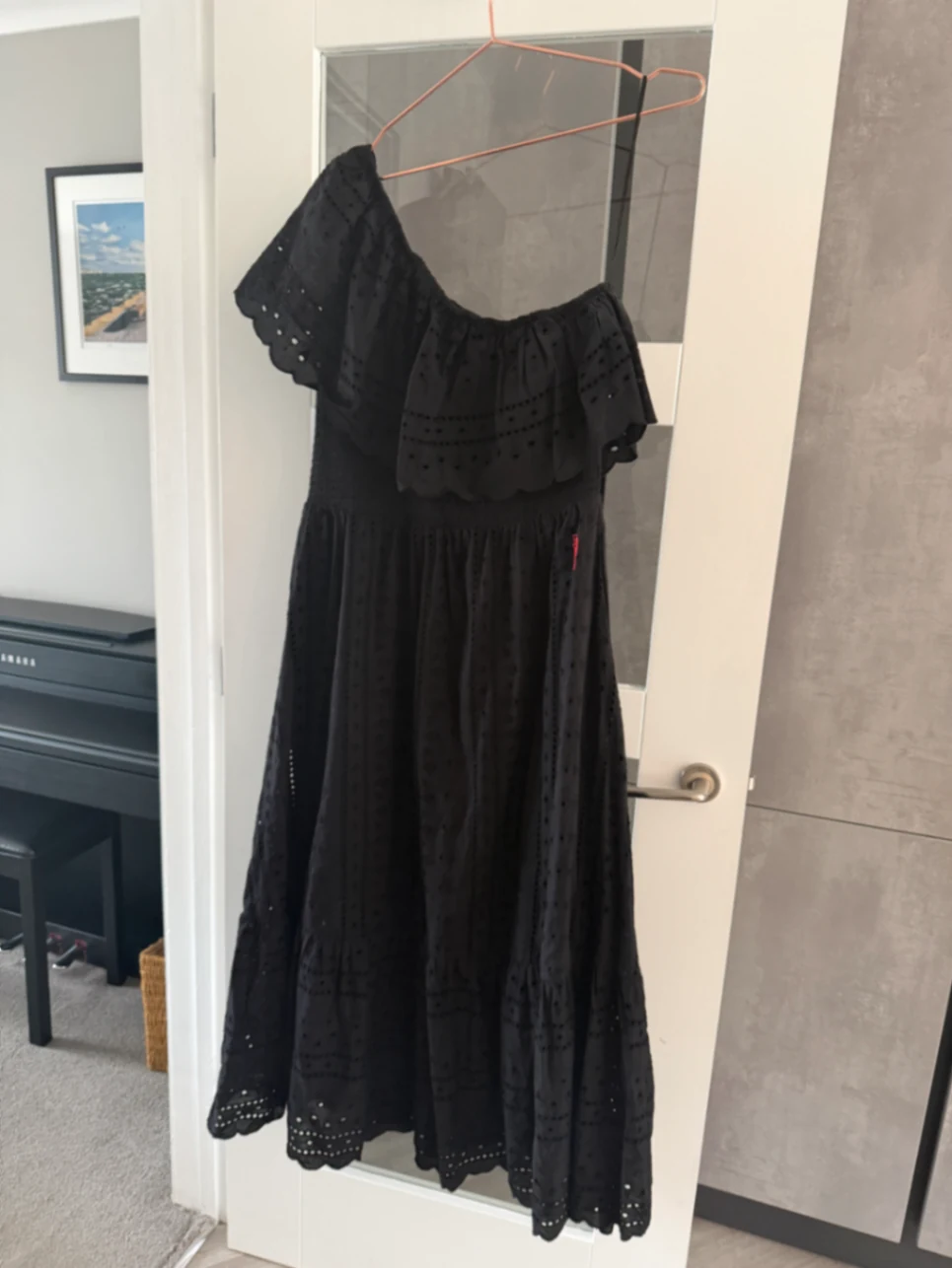 Black One Shoulder Broderie Tiered Midi Dress