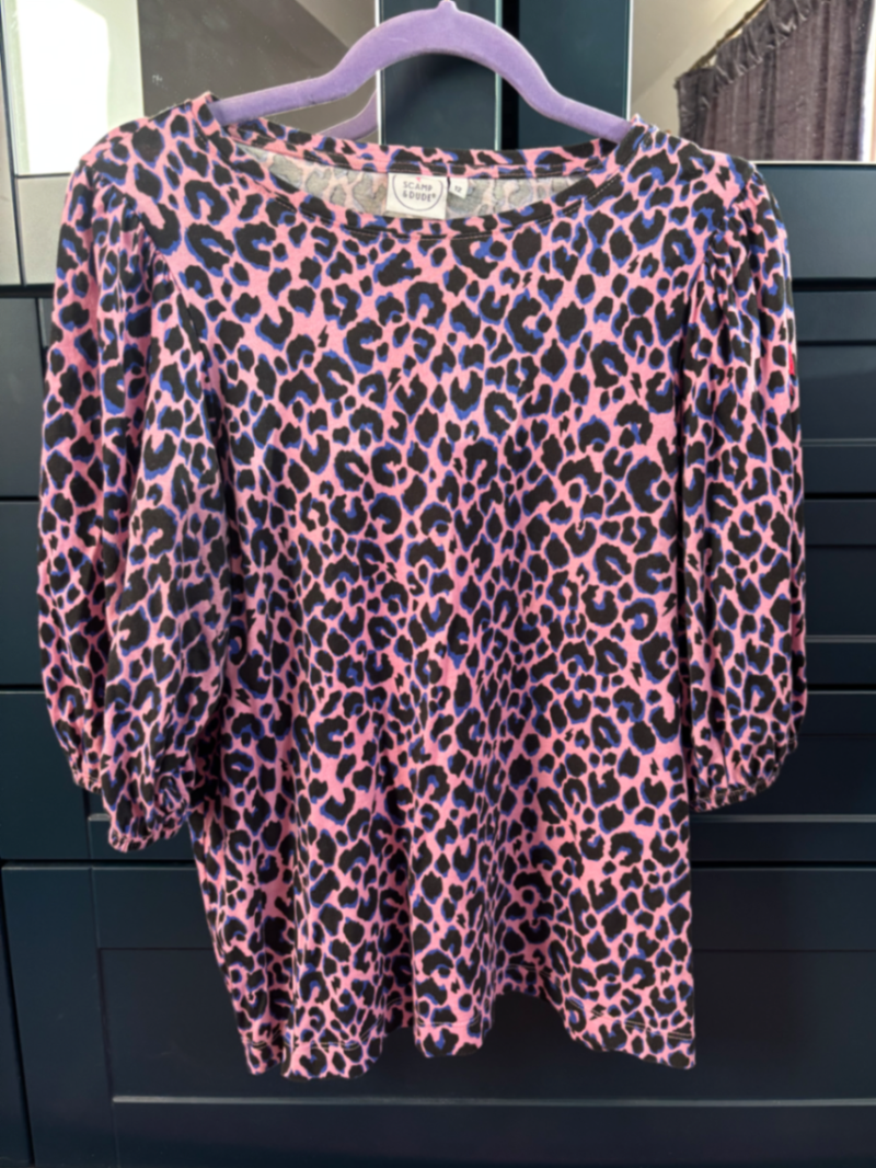 Pink with Blue and Black Shadow Leopard Puff Sleeve T-Shirt