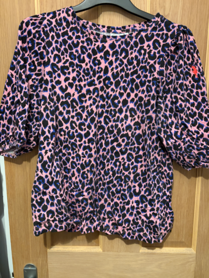 Pink with Blue and Black Shadow Leopard Puff Sleeve T-Shirt