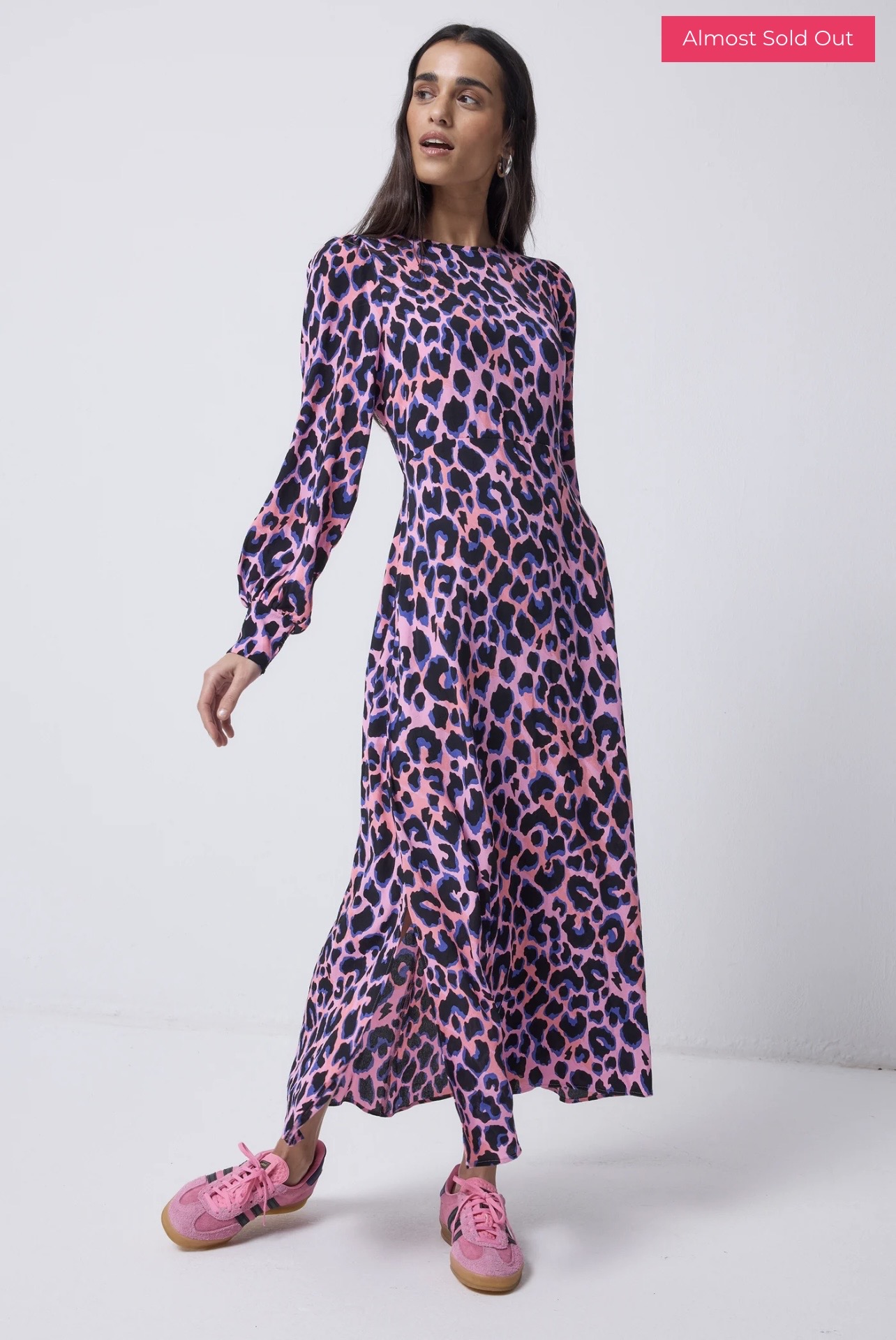 Pink with Blue and Black Shadow Leopard Blouson Sleeve Midi Dress