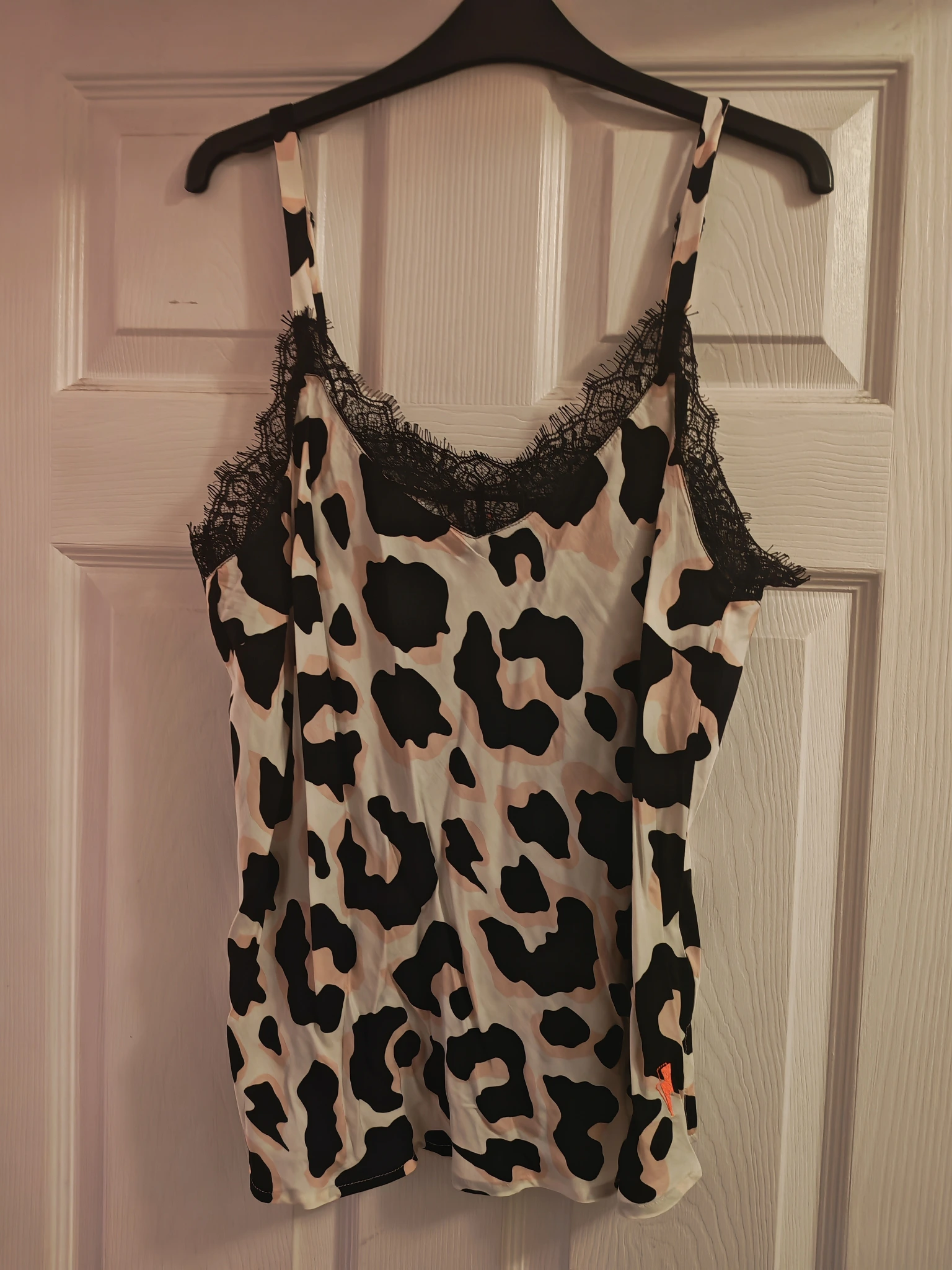 Ivory with Neutral and Black Mega Shadow Leopard Lace Trim Cami Top