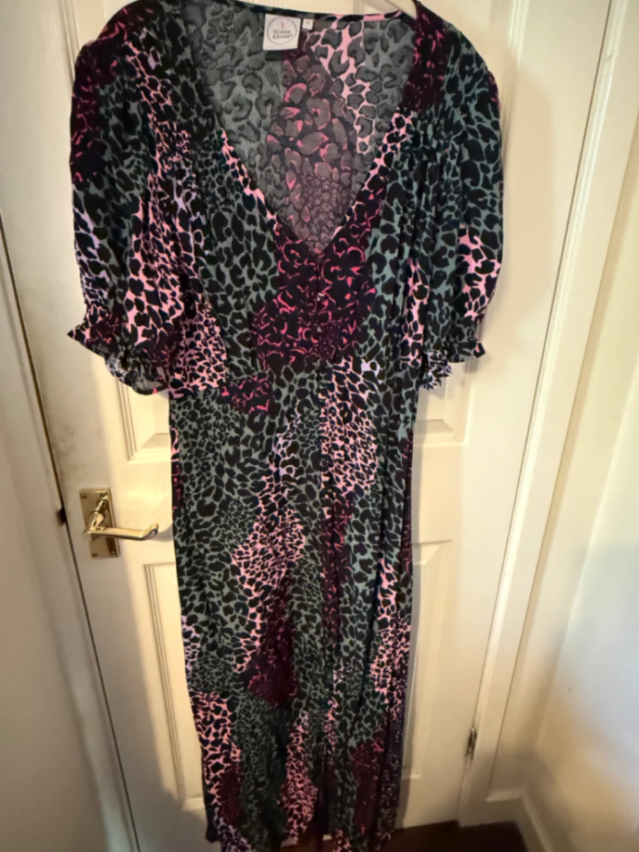 Khaki with Pink Spliced Leopard Flute Sleeve Midi Tea Dress