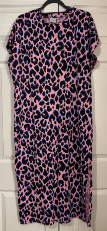 Pink with Blue and Black Shadow Leopard Midi T-Shirt Dress