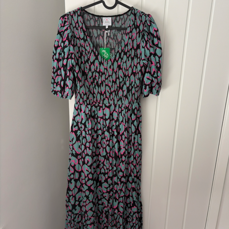 Khaki with Pink and Black Mega Leopard Shirred Puff Sleeve Midi Dress