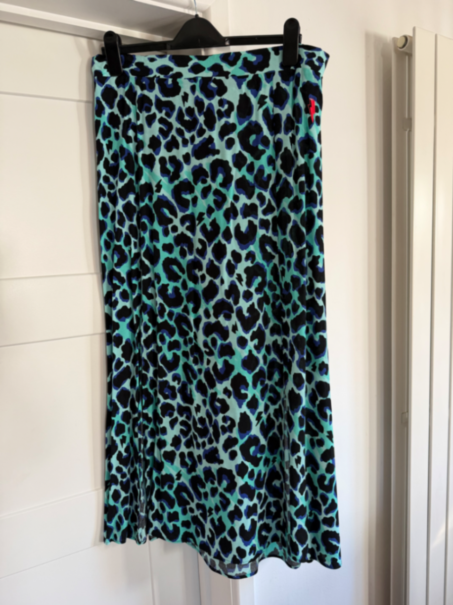 Turquoise with Black and Blue Shadow Leopard Split Front Skirt