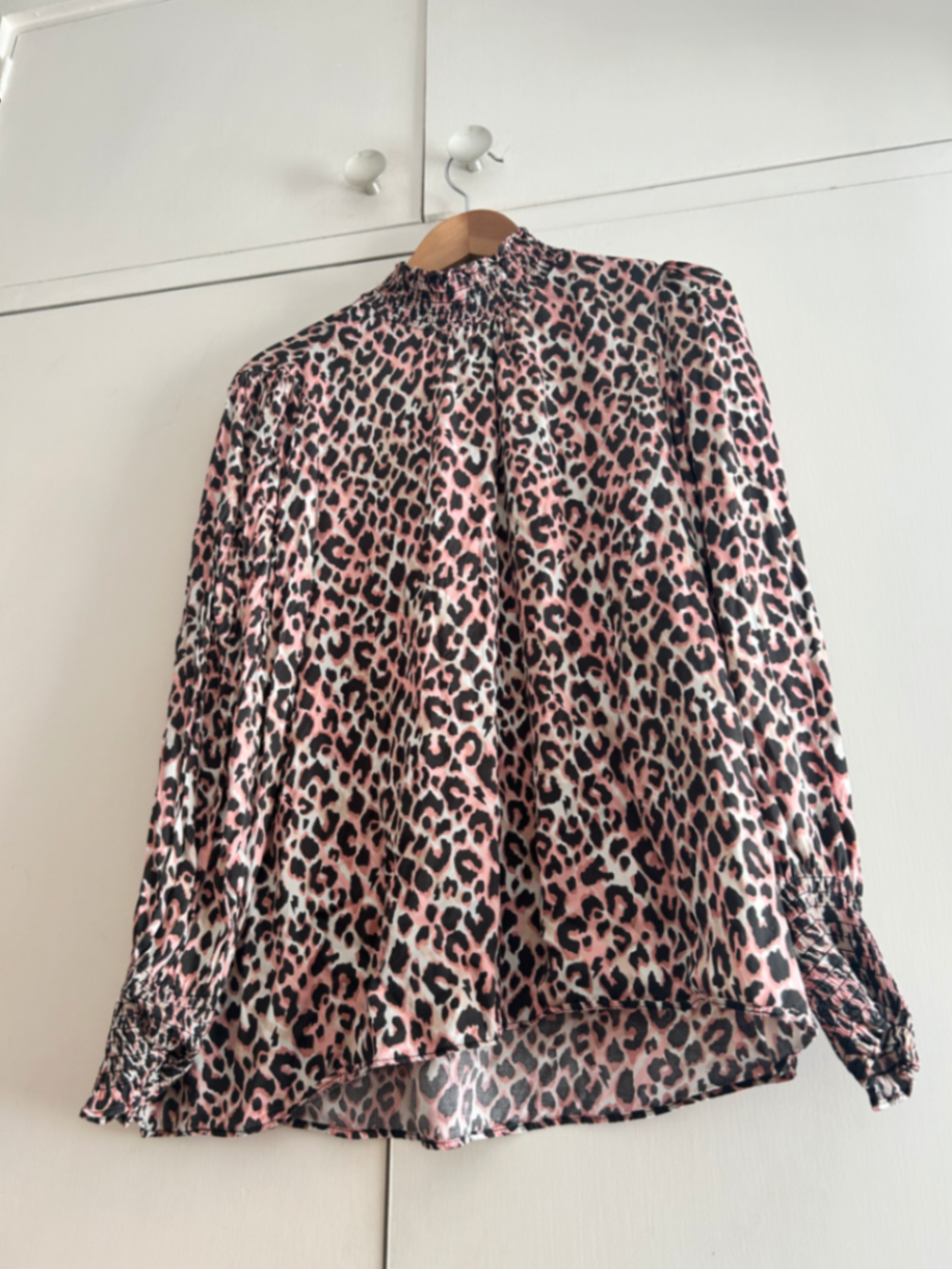 Mixed Neutral with Black Small Shadow Leopard High Neck Shirred Blouse