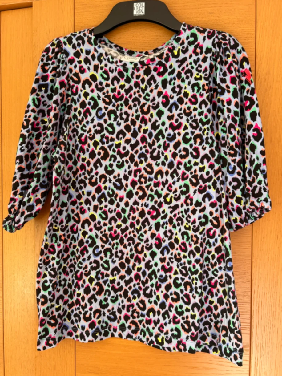 Light Blue with Rainbow Shadow Leopard Puff Sleeve T-Shirt