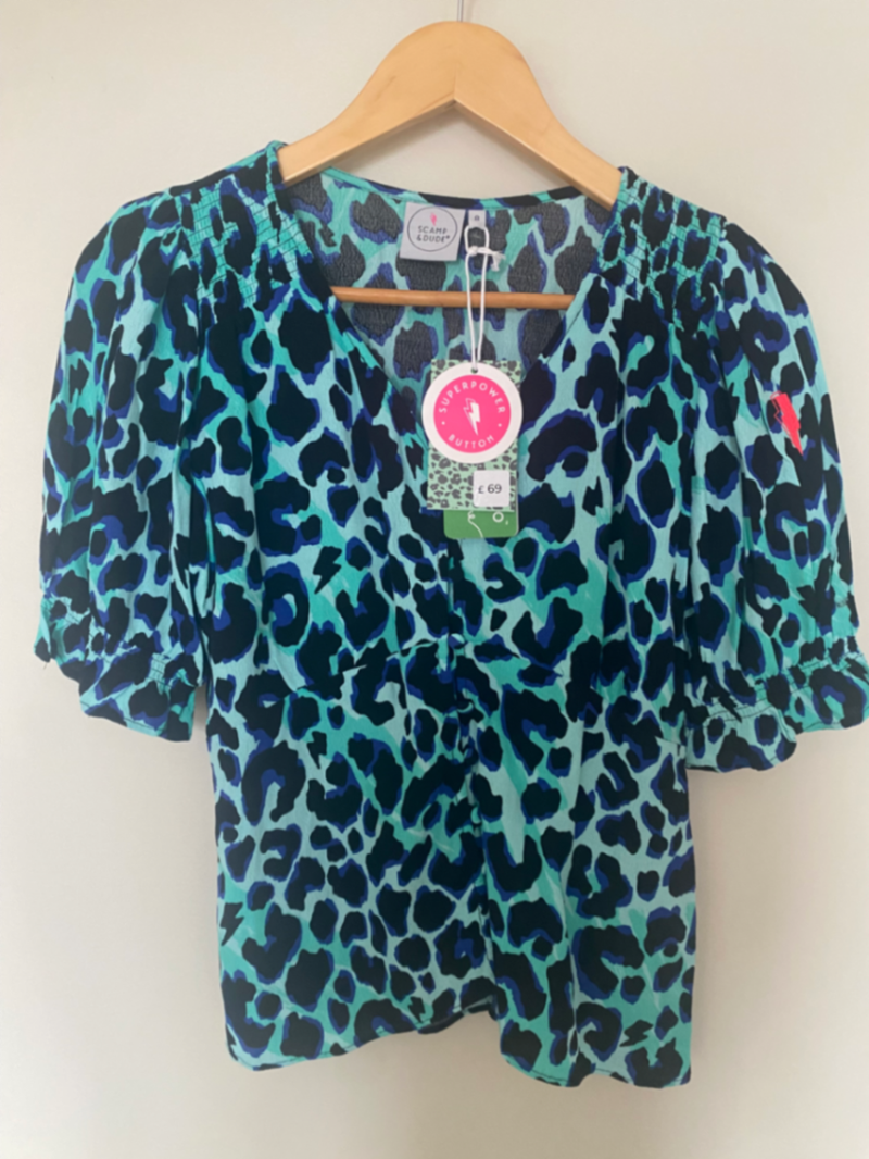 Turquoise with Black and Blue Shadow Leopard Button Through Blouse