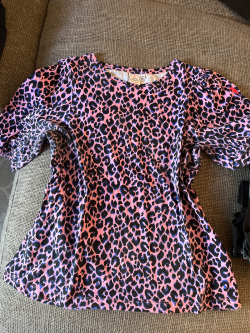 Pink with Blue and Black Shadow Leopard Puff Sleeve T-Shirt