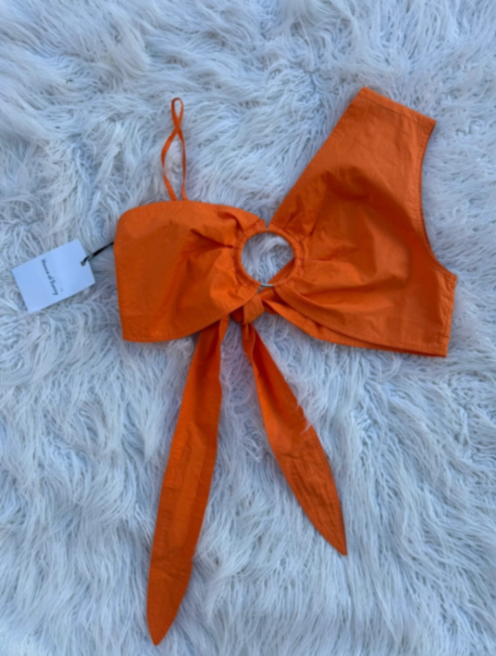 House of Sunny orange halter neck Cecile asymmetric top