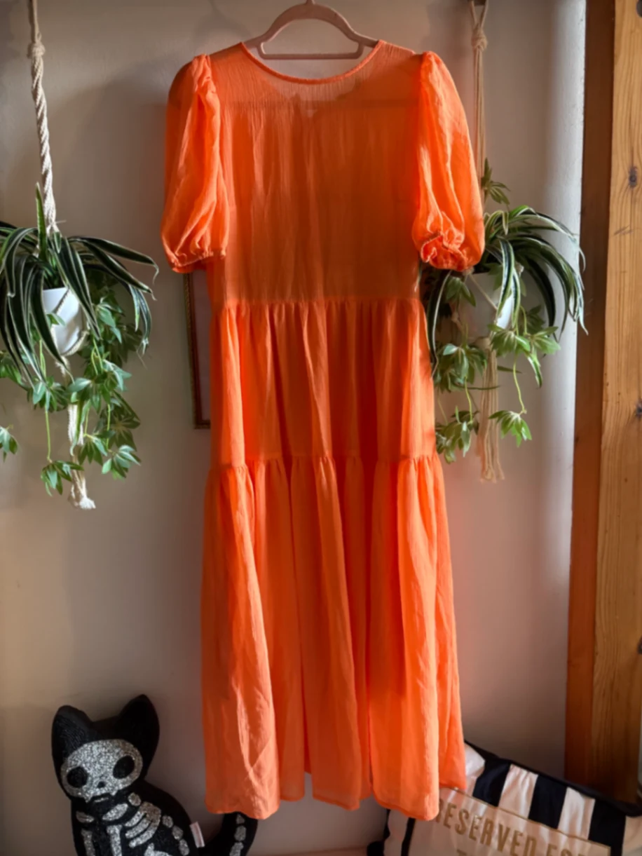 Orange Tiered Sheer Midi Dress