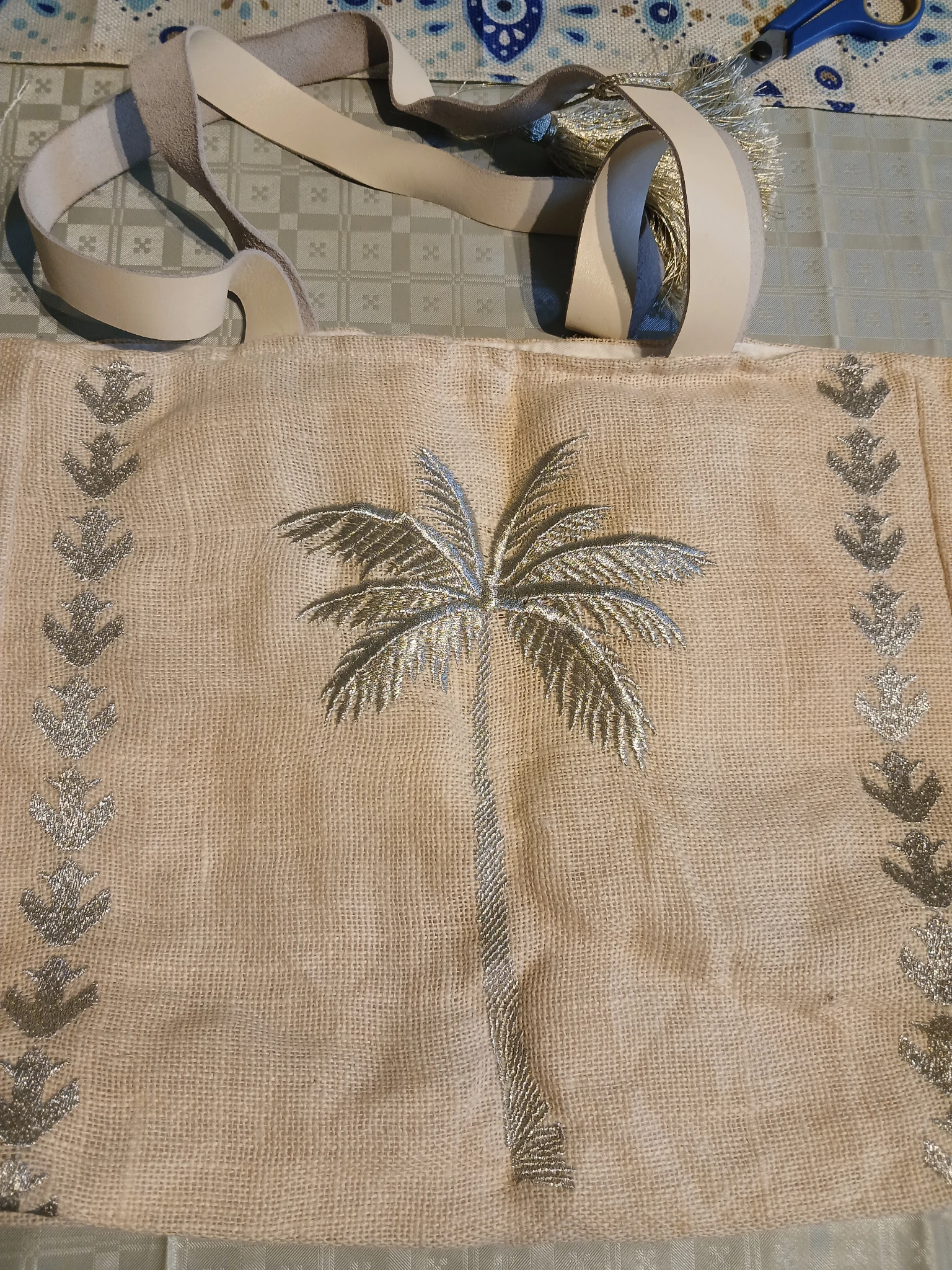Palm Tree Jute Beach Bag | White/Gold