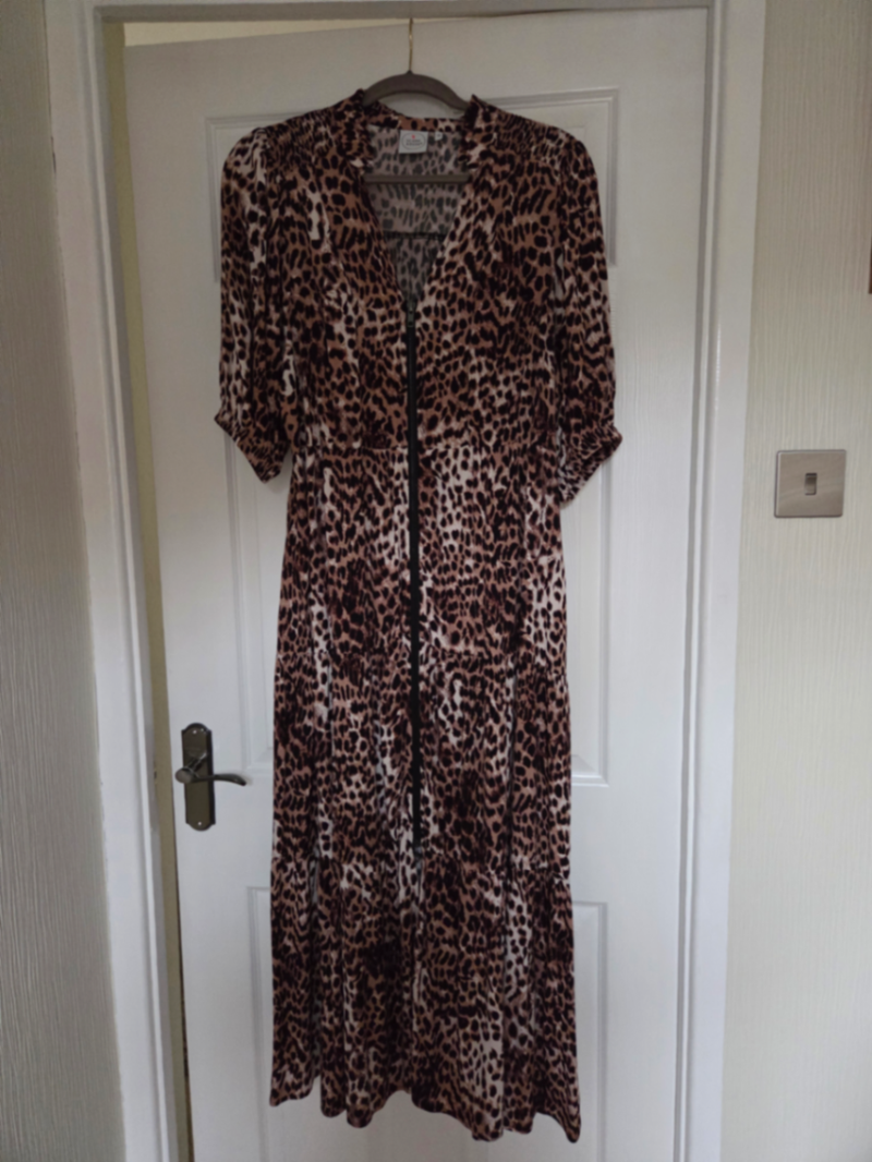 Neutral Cheetah Zip front midi dress