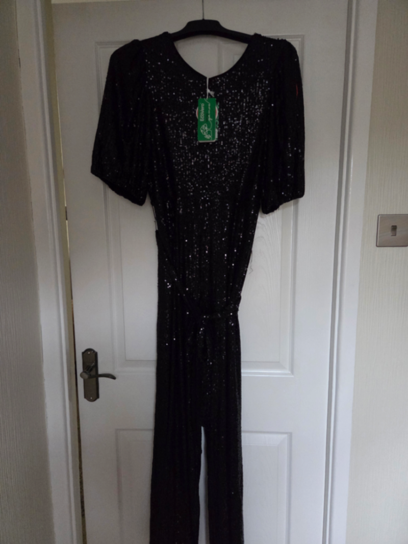 Black Sequin Puff Sleeve Wide leg jumpsuit