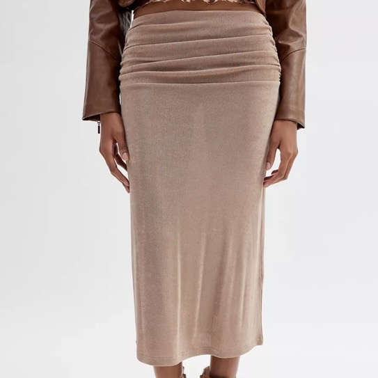 Motel Gadis Slinky Midi Skirt In Neutral Beige Colour