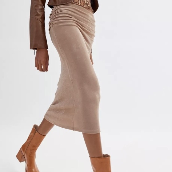 Motel Gadis Slinky Midi Skirt In Neutral Beige Colour