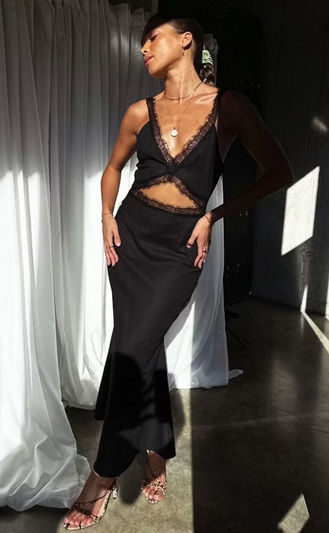 Black linen mimi lace cut out dress
