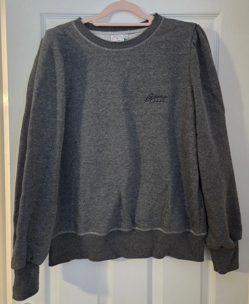 Owner Rib Logo Grey Lurex Puff Sleeve Sweatshirt