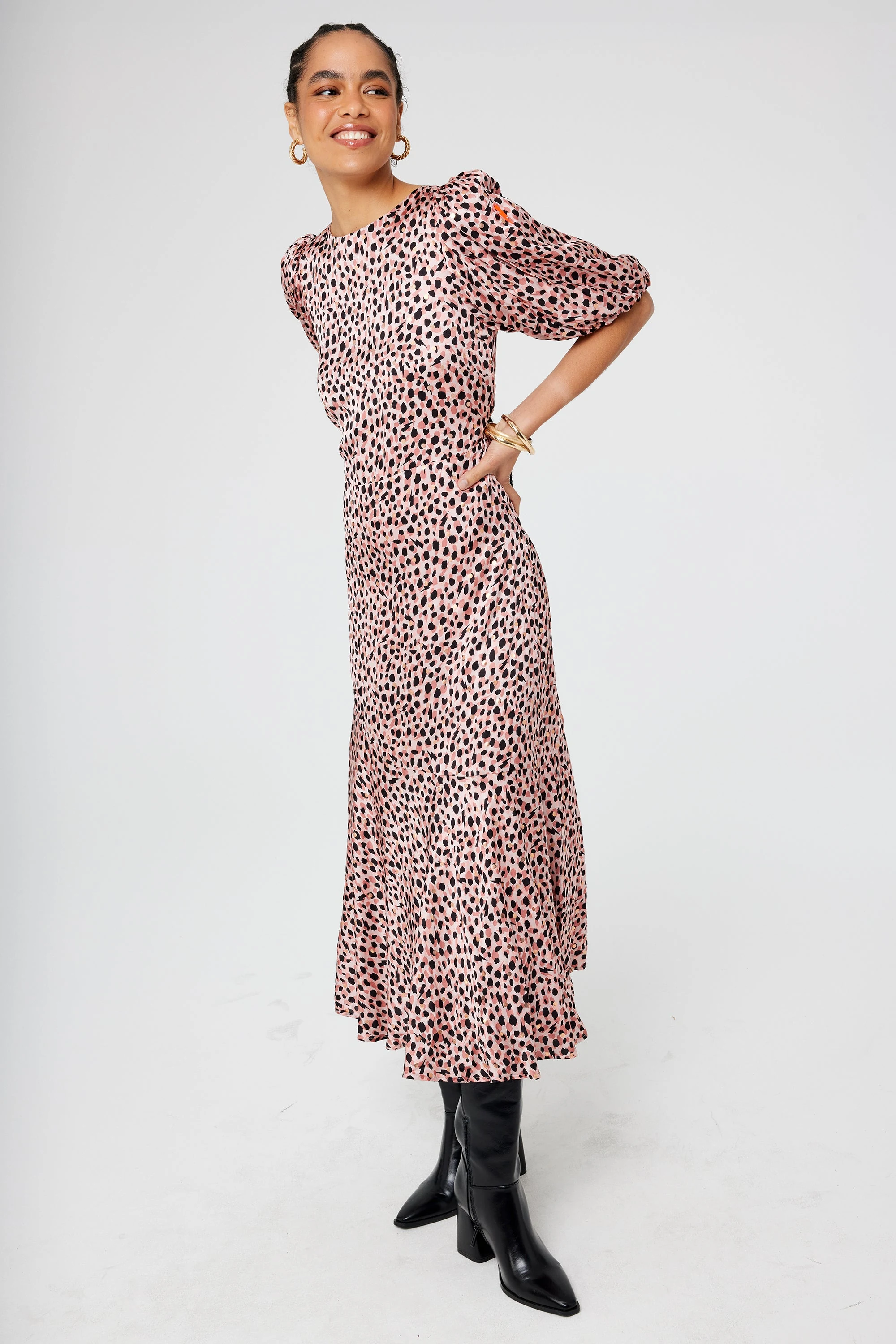 Bias Peplum Puff Sleeve MIDI Dress