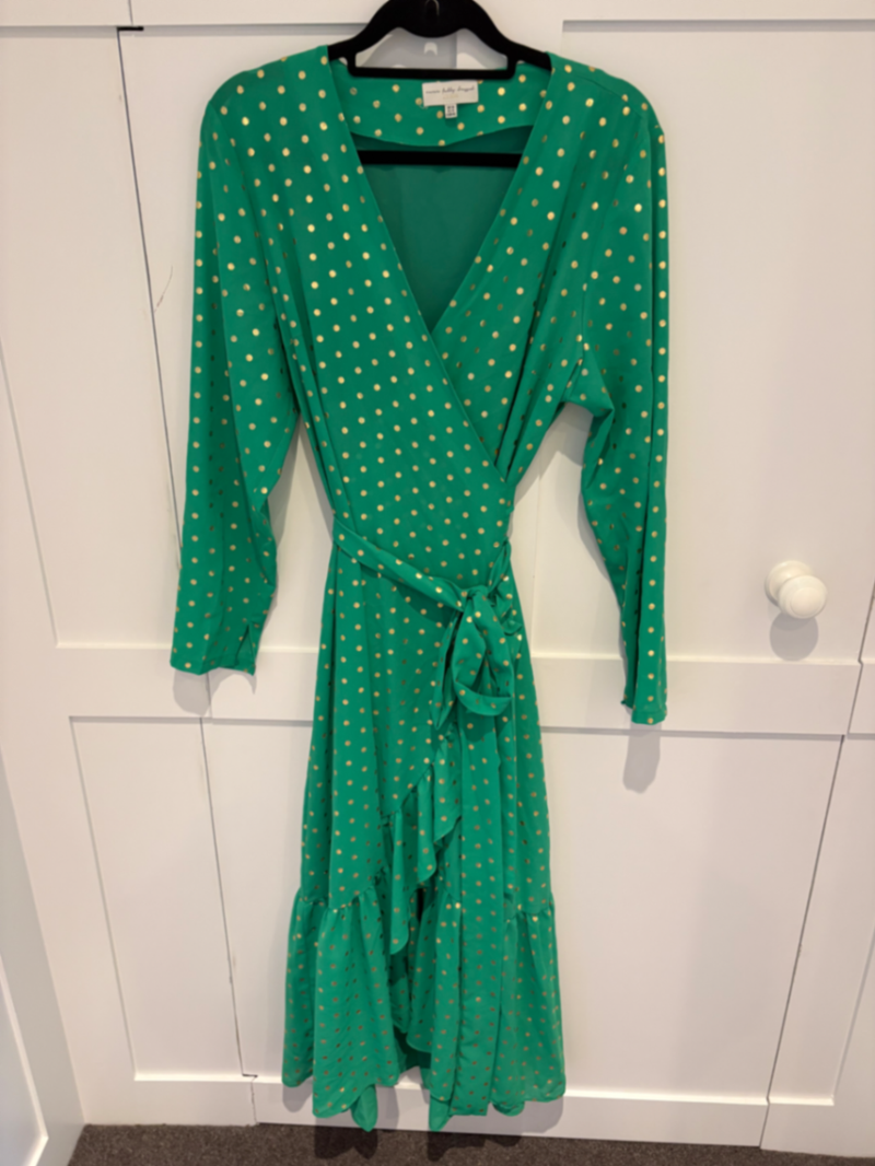 green spot wrap dress Foil Midi Dress- Curve metallic halter neck dress