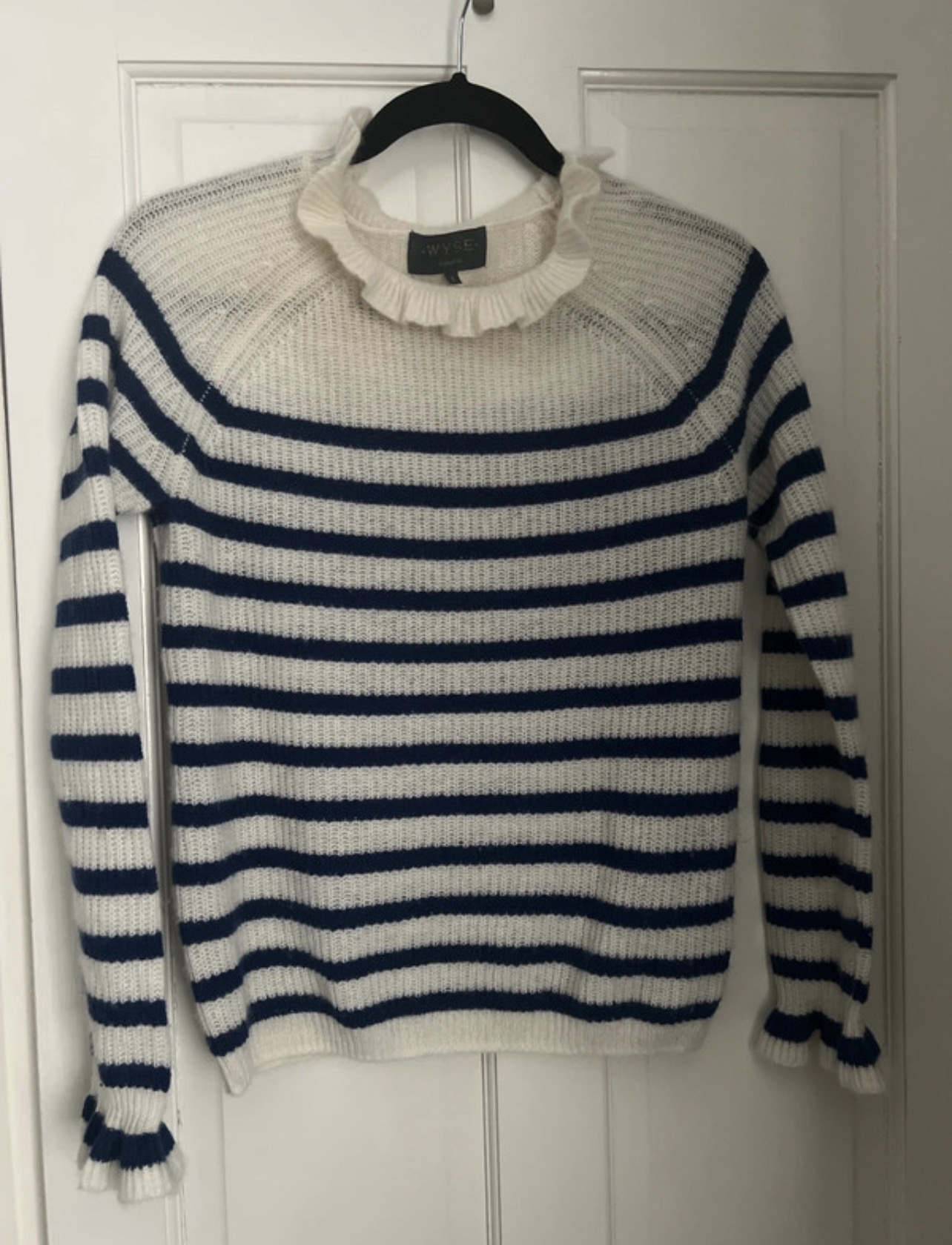 Ruffle Neck Jumper - Ivory/Cobalt