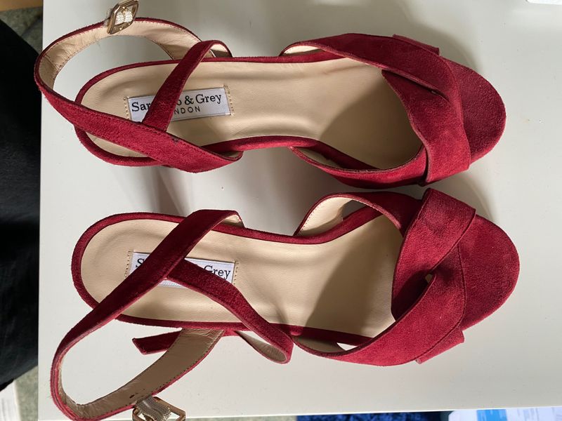 Red high-heeled suede sandal
