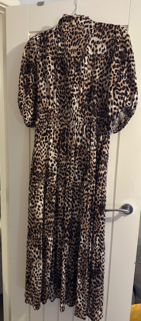 Neutral with Black Cheetah Zip Detail Tiered Midi Dress