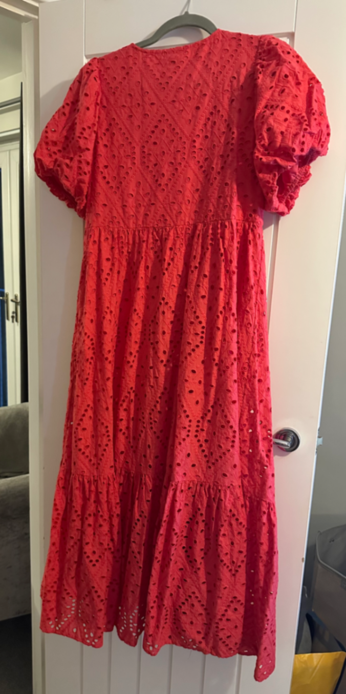 Coral Red Broderie Anglaise Puff Sleeve Midi Dress