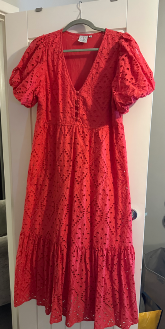 Coral Red Broderie Anglaise Puff Sleeve Midi Dress
