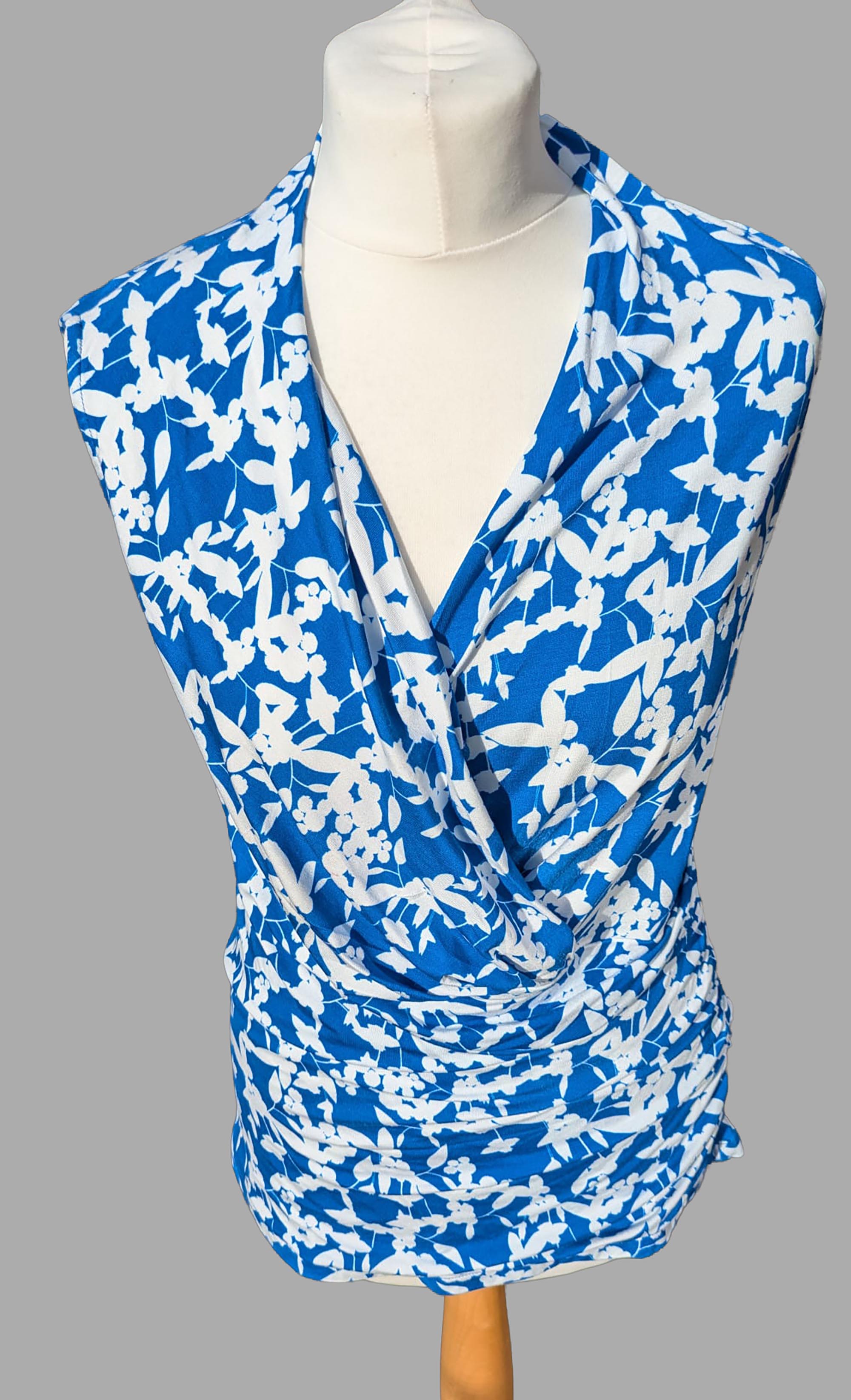 Godiva Print Sleeveless Crossover Top, Size L. in Cobalt Blue (SP, WI)