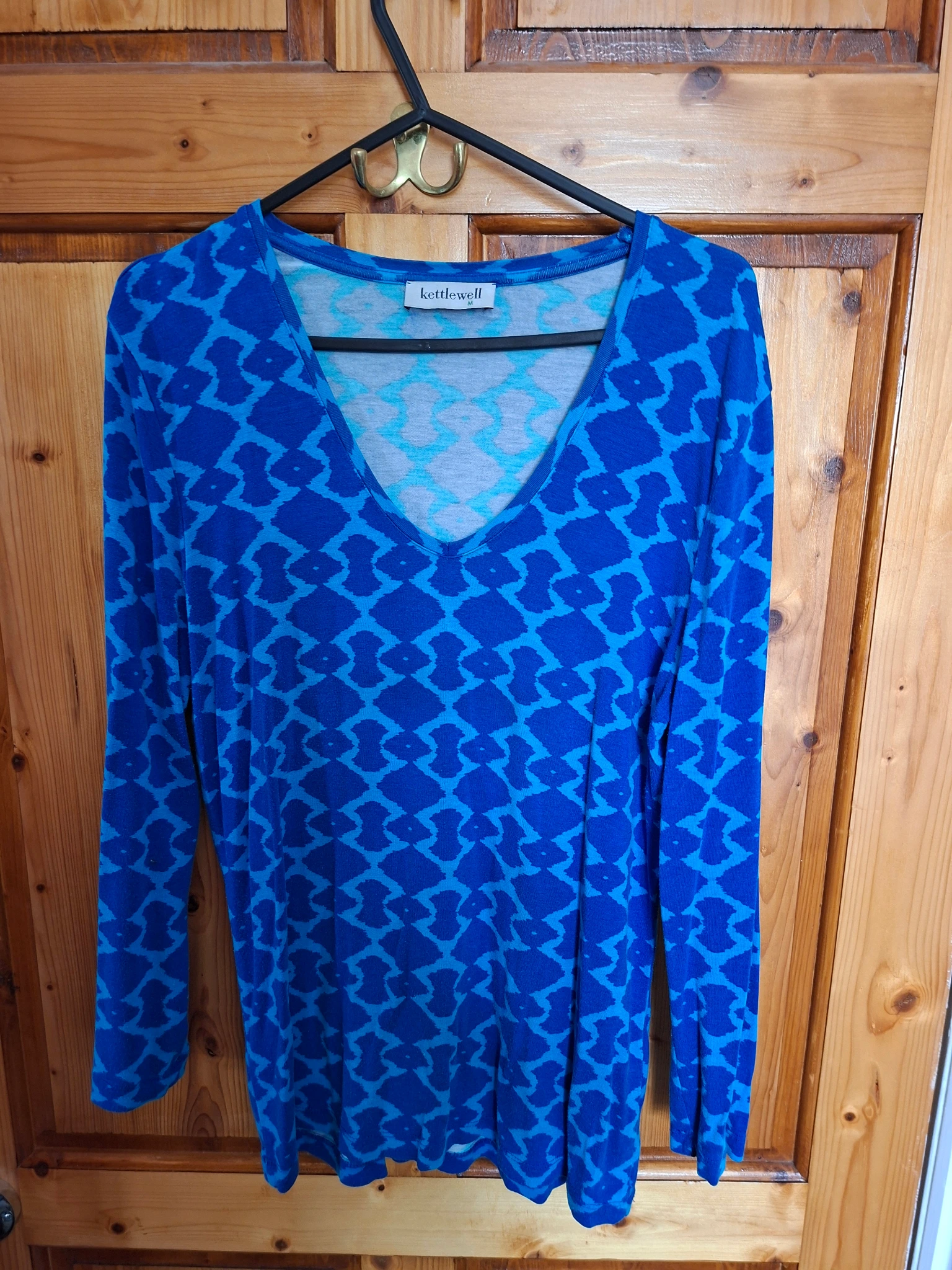 Ikat print v neck long sleeve top, size M, cobalt and,azure.