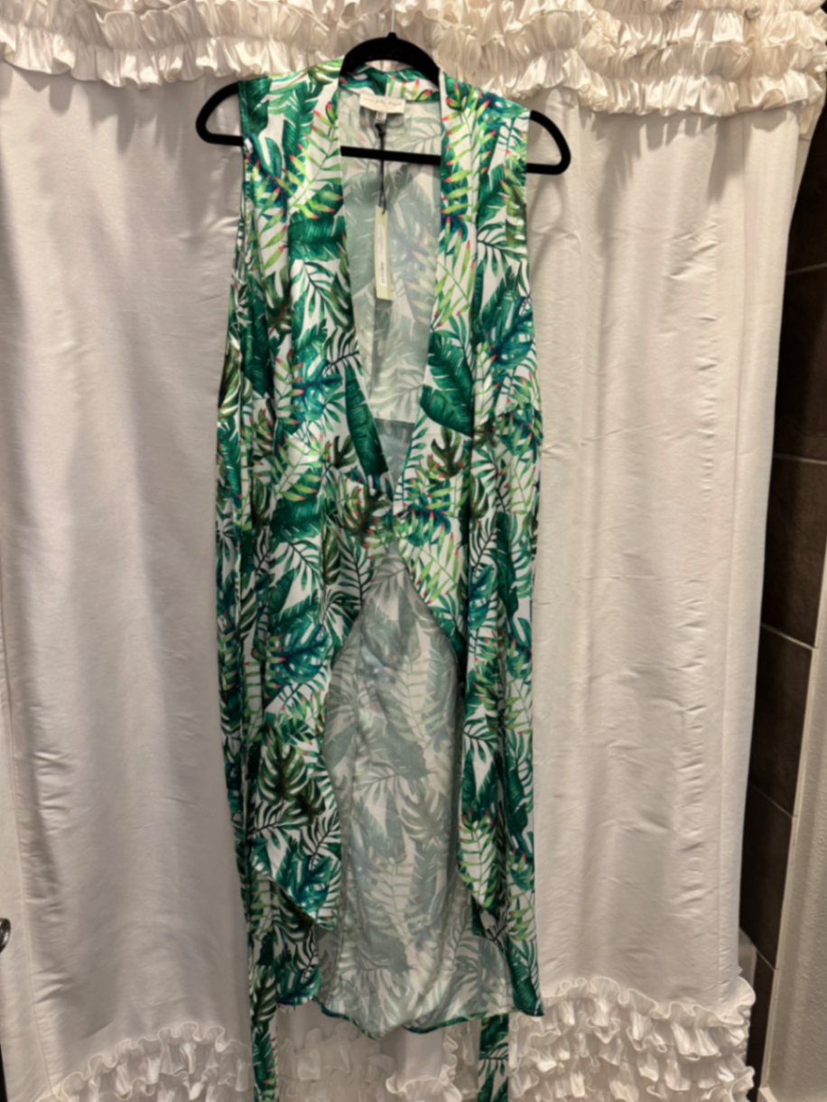 Green Palm Print Sleeveless Wrap Dress