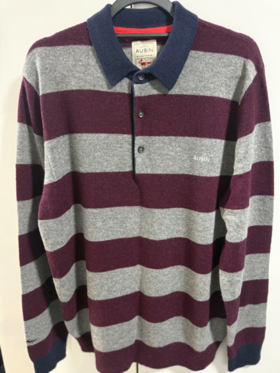 Aubin Belmont Knitted Rugby Top, Grey Marl/Burg Stri