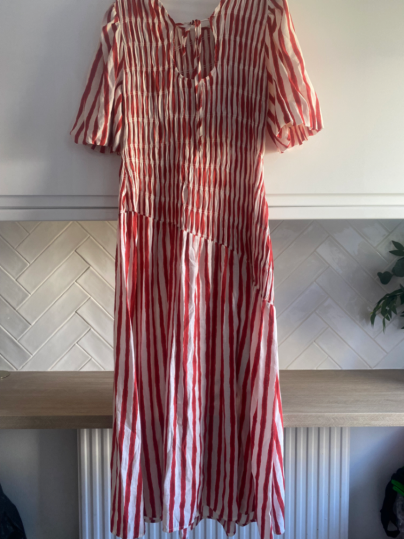 red and white striped dress zara WITH FLOWERS SEQUINS line hem Red Stripe Nara Dress