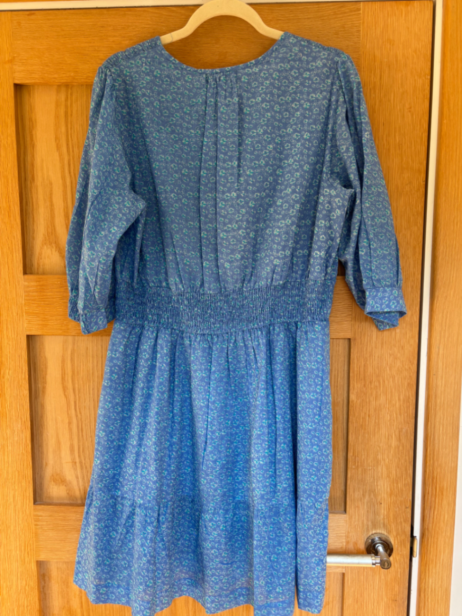 Short cotton voile dress. Very pretty print. Lined skirt and shirted waistline. Knee length.