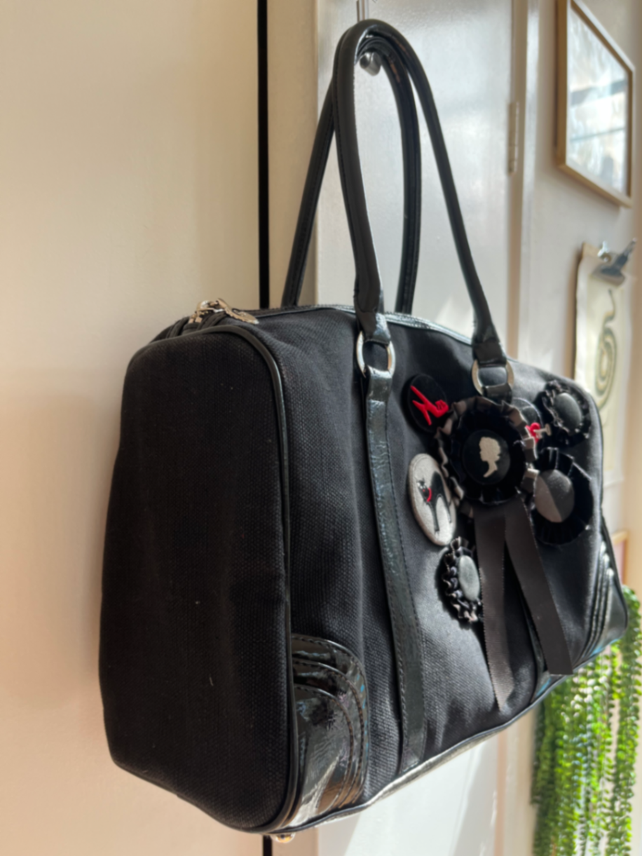 Lulu Guinness Black Bowling Bag | Rare Kitsch Patchwork | Velvet Rosettes & Black Cat