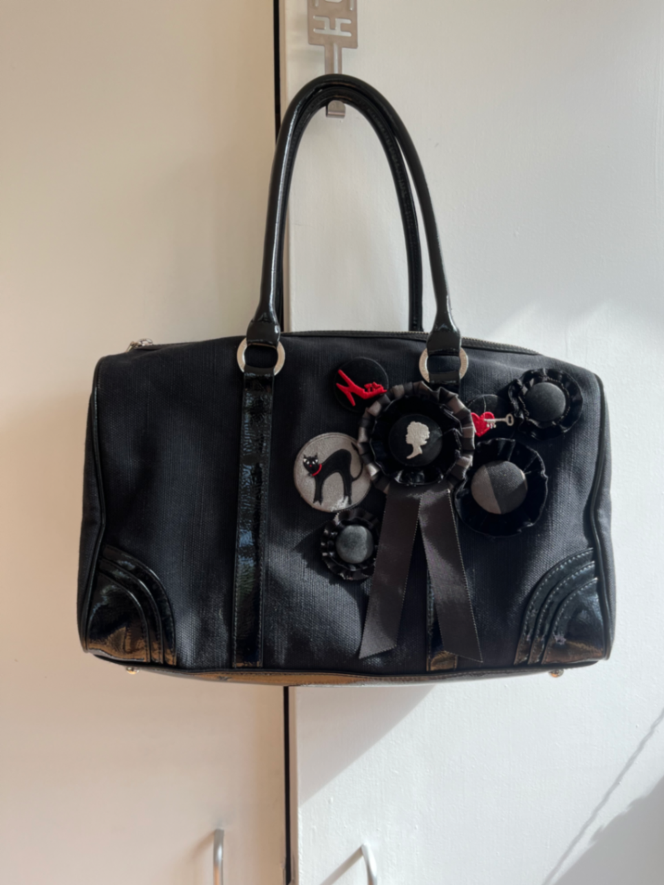Lulu Guinness Black Bowling Bag | Rare Kitsch Patchwork | Velvet Rosettes & Black Cat