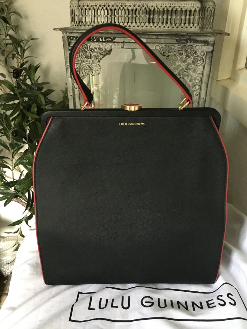 Black Crosshatch Leather Handbag with Red Trim