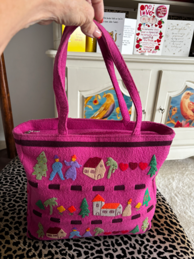 Whimsical Village Appliqué vintage tote